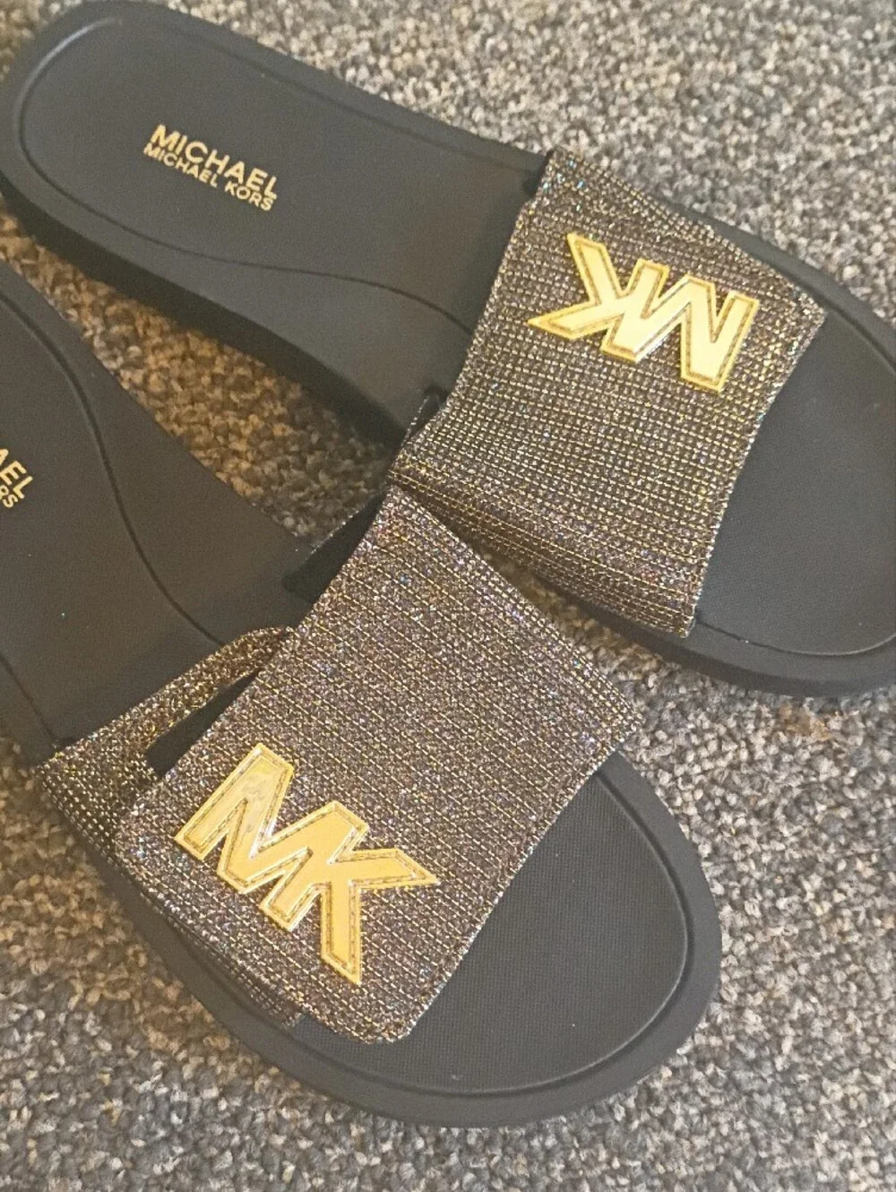 Michael Kors Black Slide Sandals with Gold MK Emblem